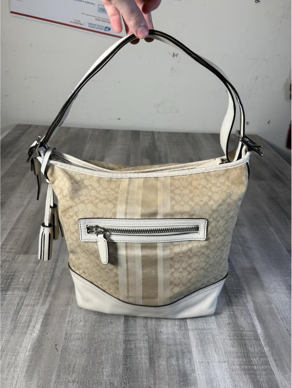 NCOACH LEGACY Khaki Ivory Signature Glitter Stripe Convertible Duffle Bag